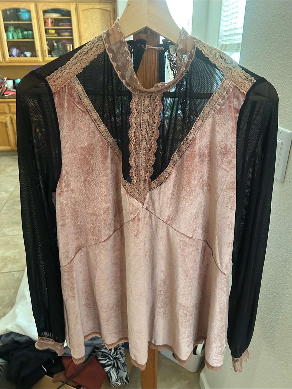 POL Pink Velvet Lace-Trim & Black Sheer Sleeve Blouse